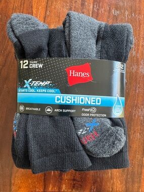 Hanes Cushioned Crew Socks - Black & Gray (12 Pairs)